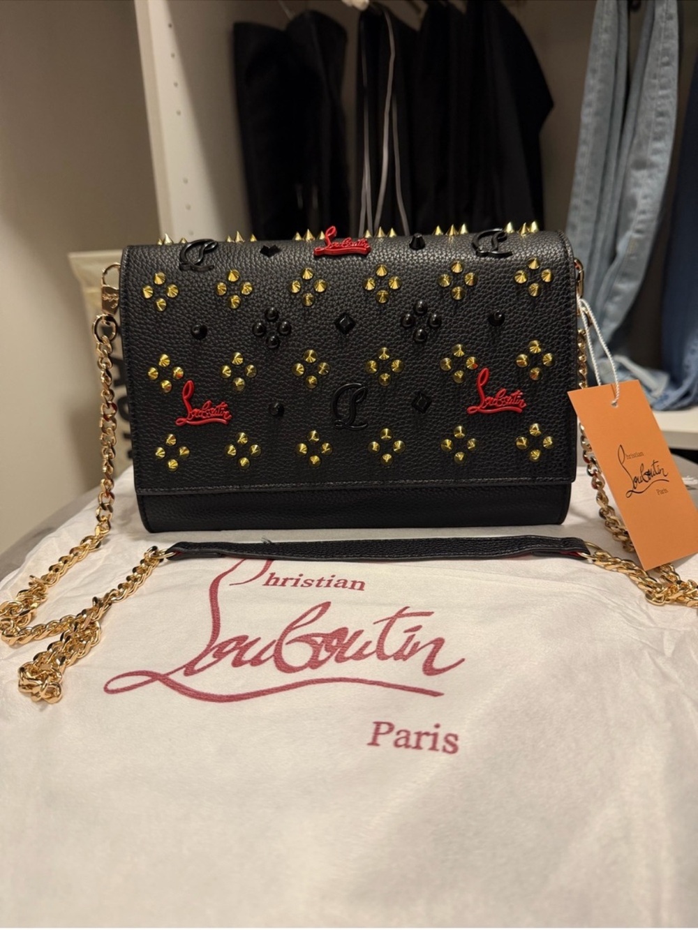 Christian Louboutin Black Studded Leather Shoulder Bag with Gold Chain